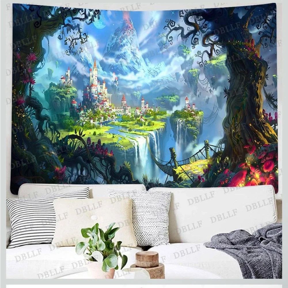 Large Enchanted Castle Forest Tapestry Wall Decor- Fantasy